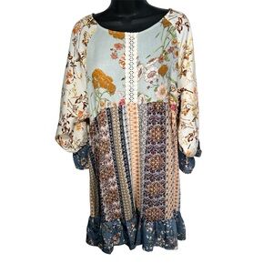 Umgee boho patchwork farm peasant country hippie cottage ruffle floral dress